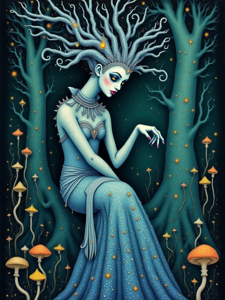 Elegant Alien in Bioluminescent Forest as Pointillist Art