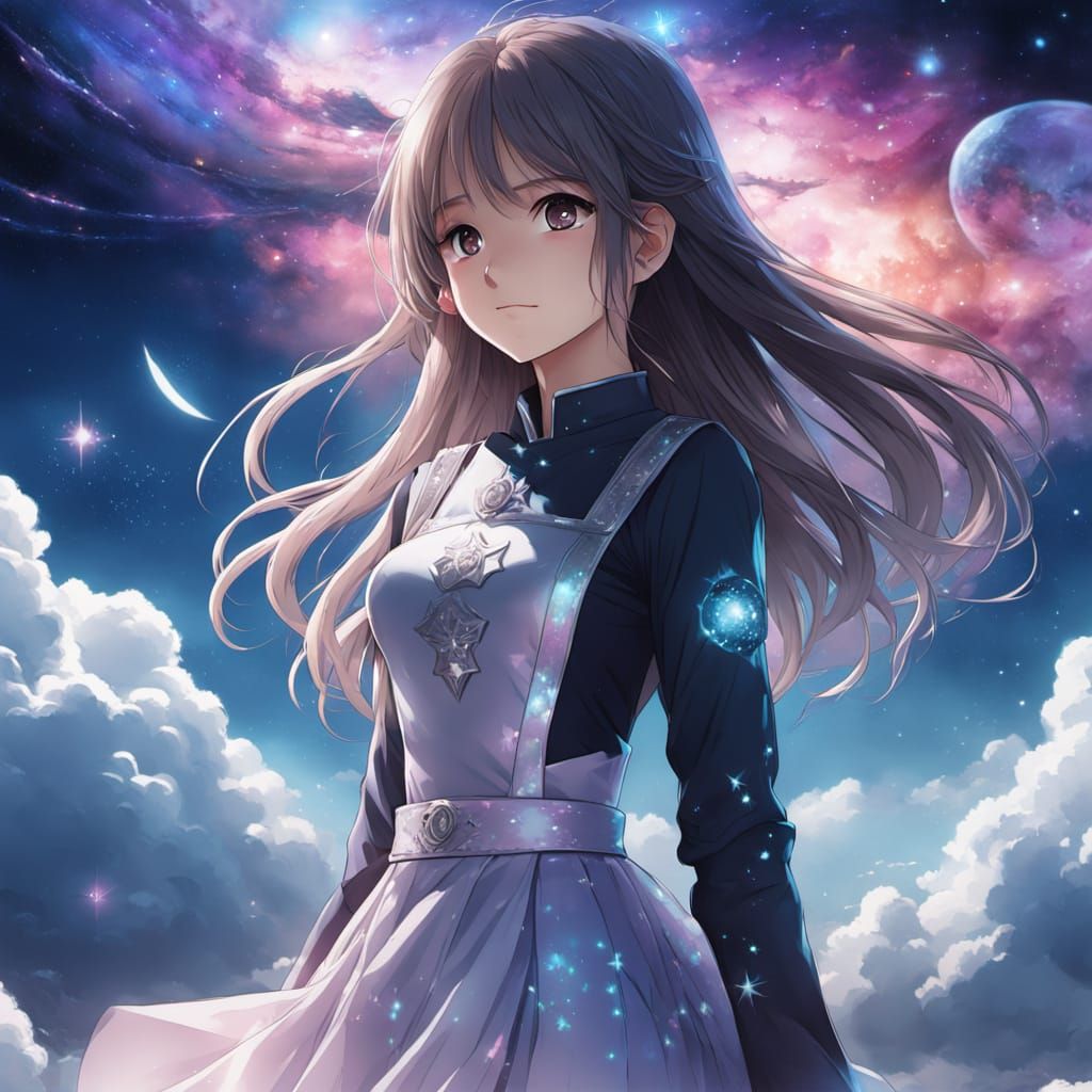Anime Woman in Starlight Dress Gazing at Galaxy
