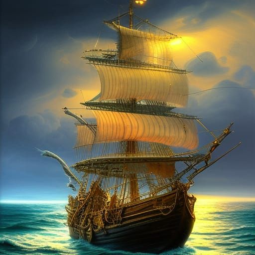 A pirate ship sailing the ocean at night