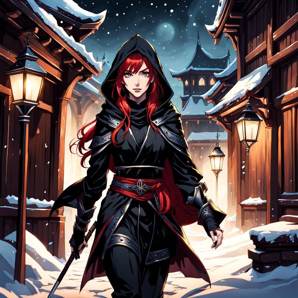 Anime Elf Ninja in Snowy Courtyard