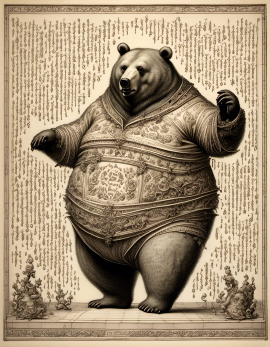 Dancing Obese Bear: Elaborate Calligraphic Line Drawing
