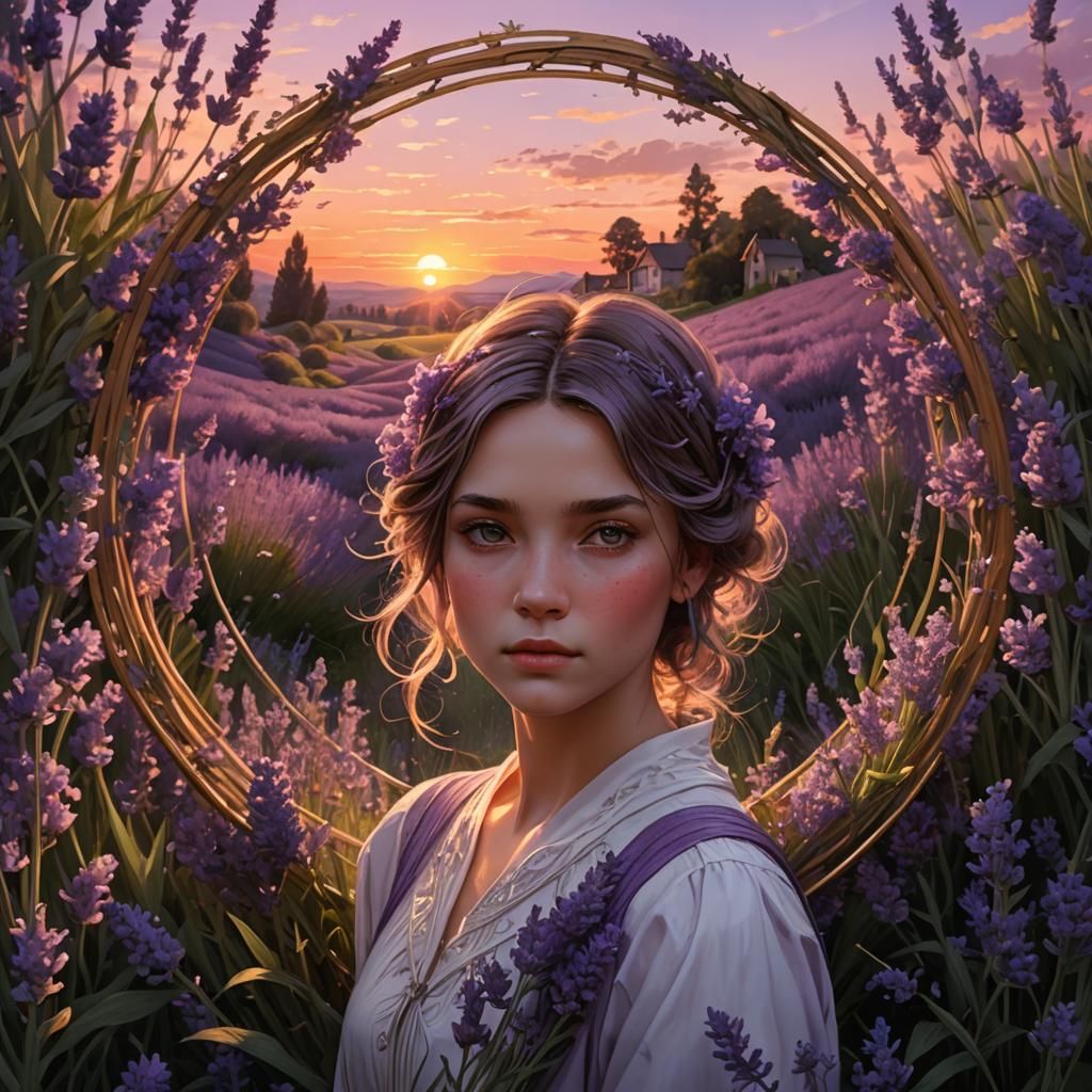 Lavender Field Sunset Portrait in Hyperdetailed Style