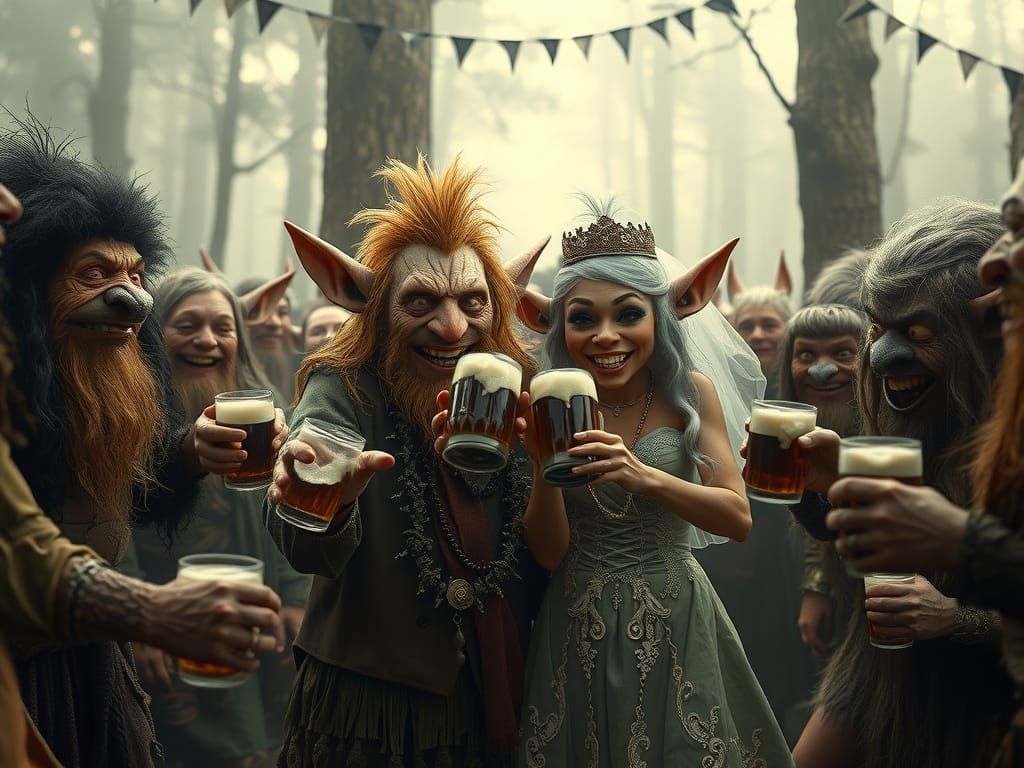 Troll Wedding in Misty Forest, Detailed Matte Painting