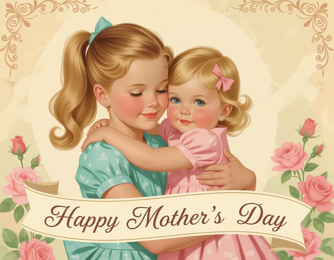 Vintage Mother's Day Card with Girl in Pastel Colors
