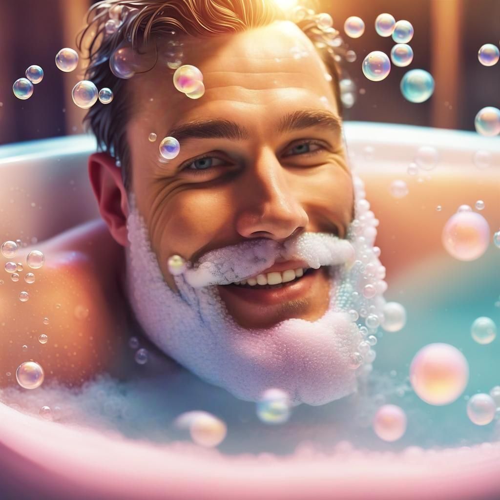 Happy Man with Bubble Foam Beard in Bath