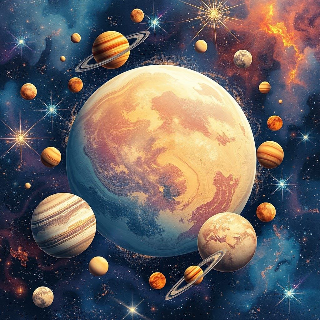 Vibrant Cosmic Illustration of Galactic Planets