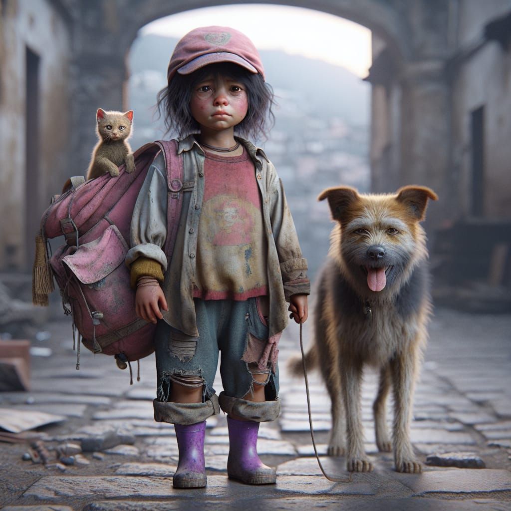 Sad Girl and Dog in Ancient Town: Realistic Painting