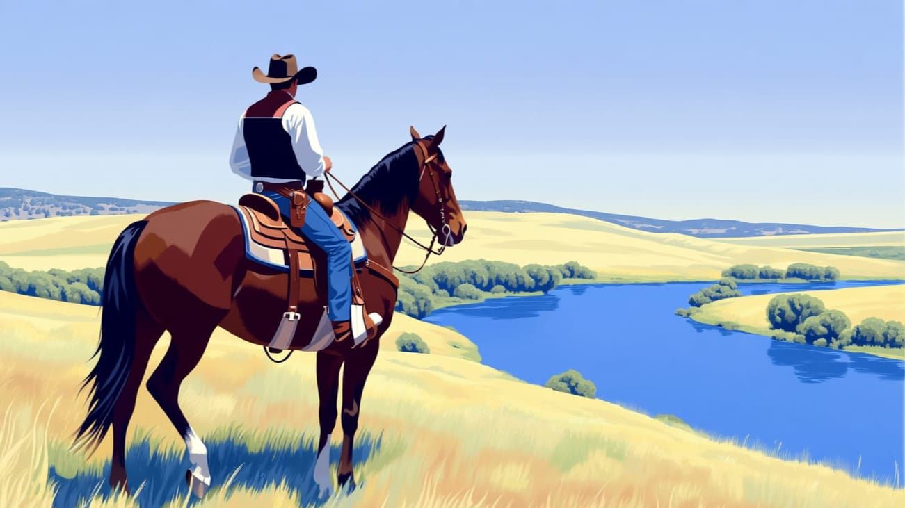 Cowboy Surveys Rolling Grasslands in Detailed Oil Painting