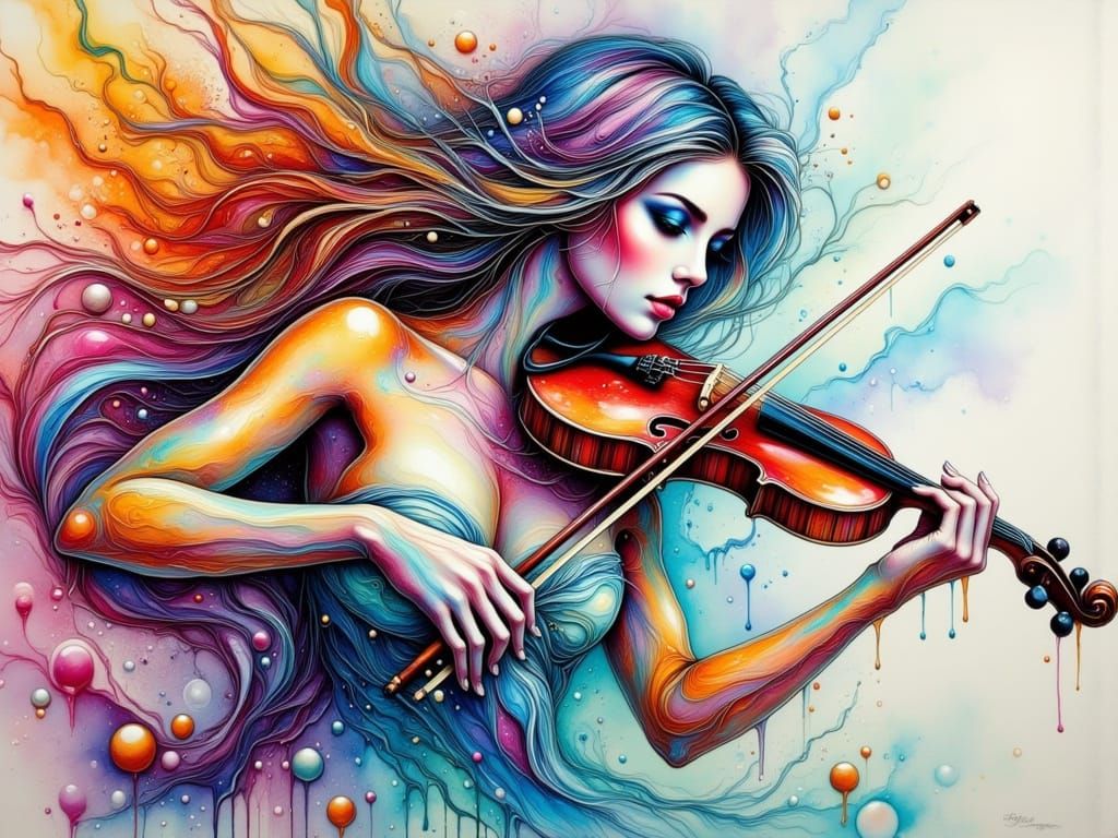 Rainbow Glass Siren Plays Violin in Vibrant, Melting Art