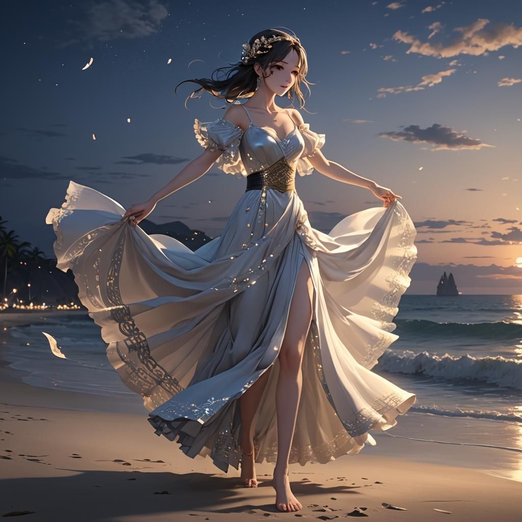 Anime Ballerina Dances on Beach at Night