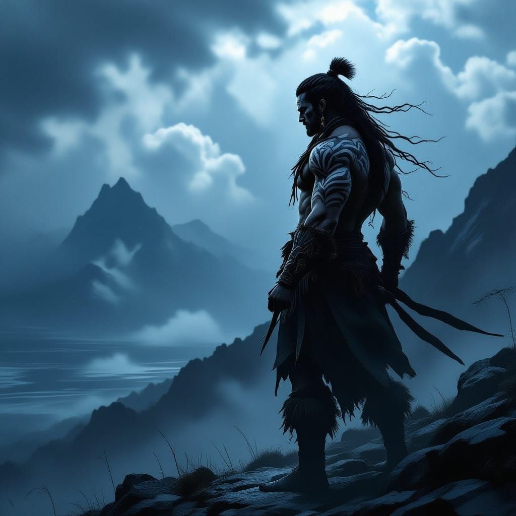 Stoic Warrior on Mountain Peak in Epic Fantasy Style