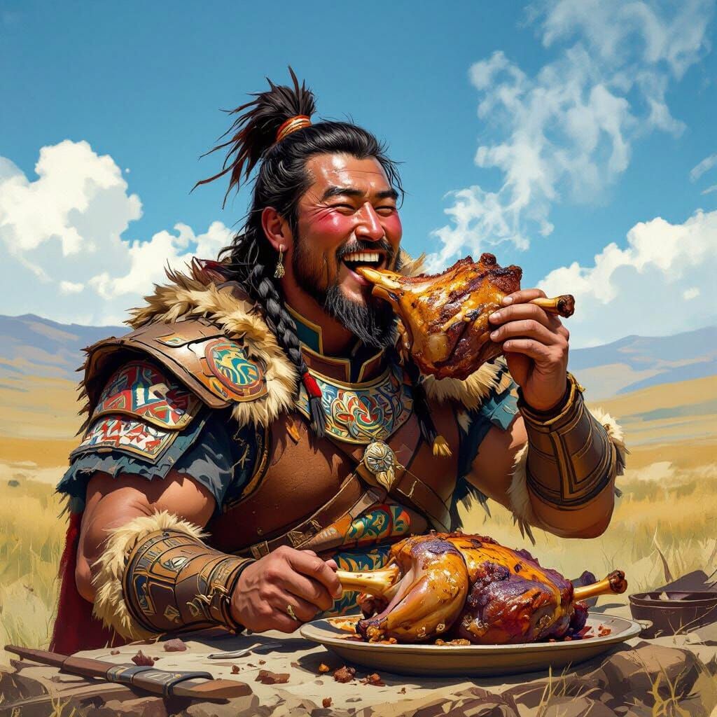 Joyful Mongolian Warrior Feasts on Roasted Lamb