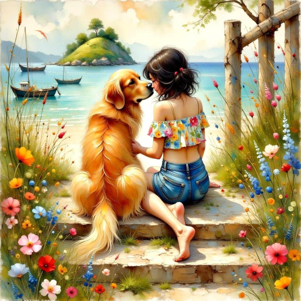 Golden Retriever Cuddles Girl on Beach Stairs