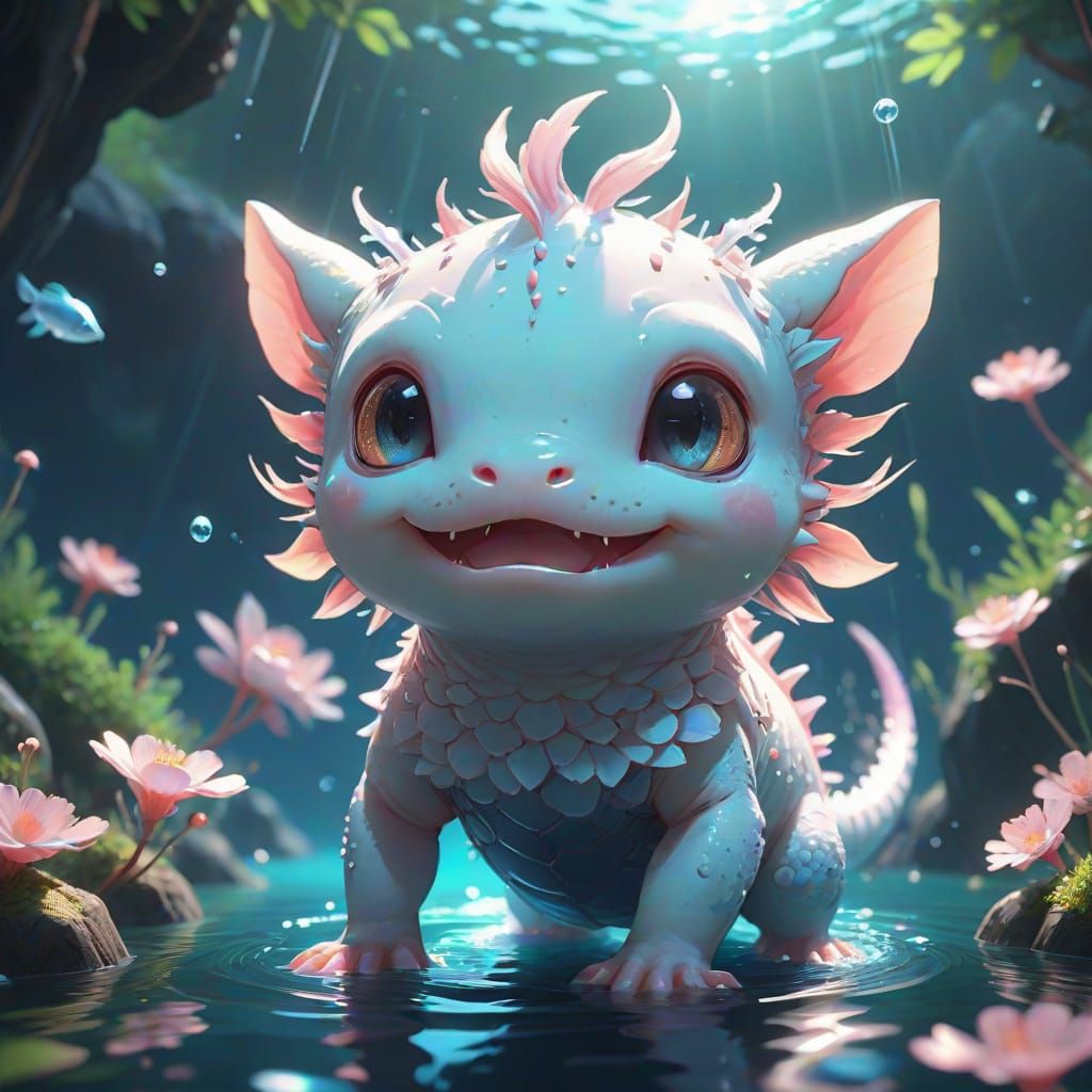 Anime Axolotl Swimming in Ocean with Bioluminescent Details