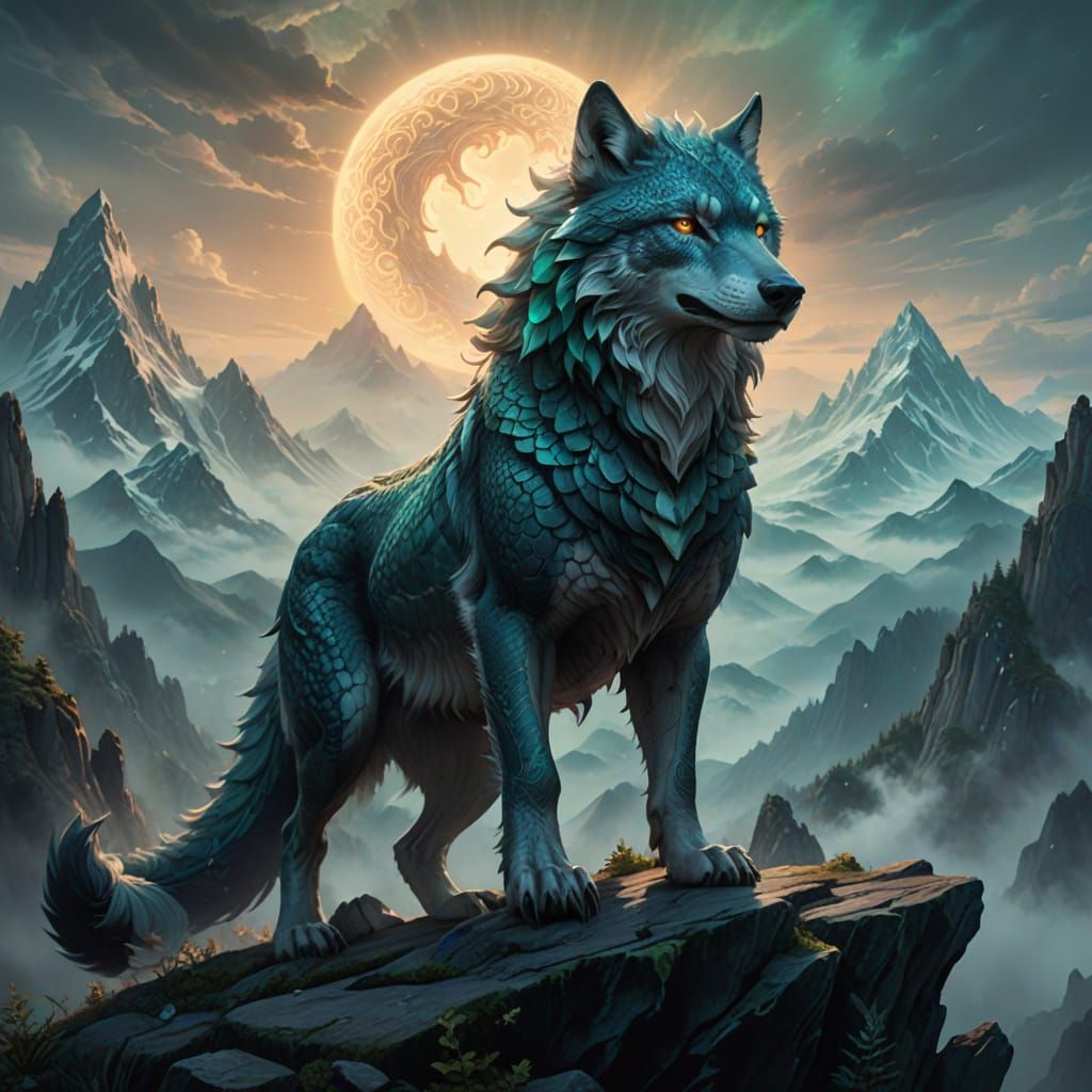 Wolf-Dragon Hybrid Reigns Over Mystic Mountains
