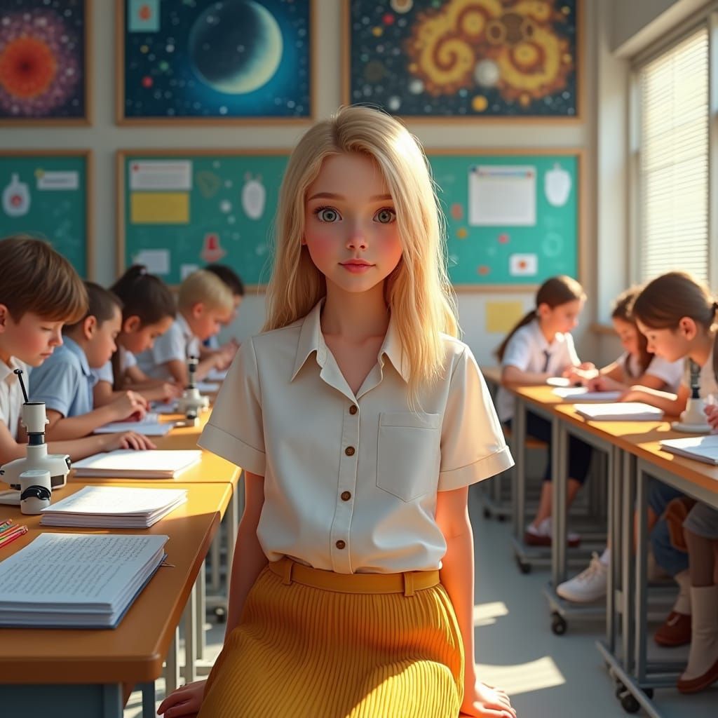 Teenage Girl in Bustling Science Classroom
