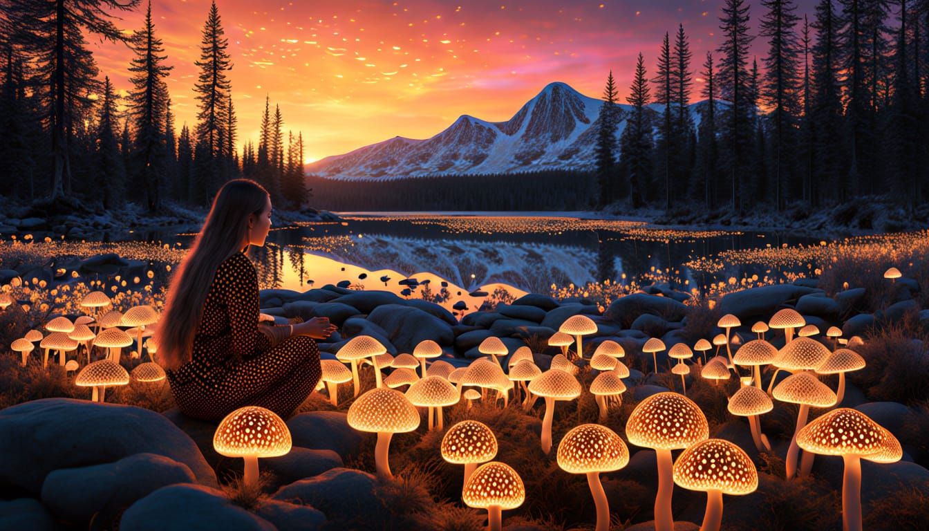 Whimsical Sunset Goddess in Dreamlike Realms