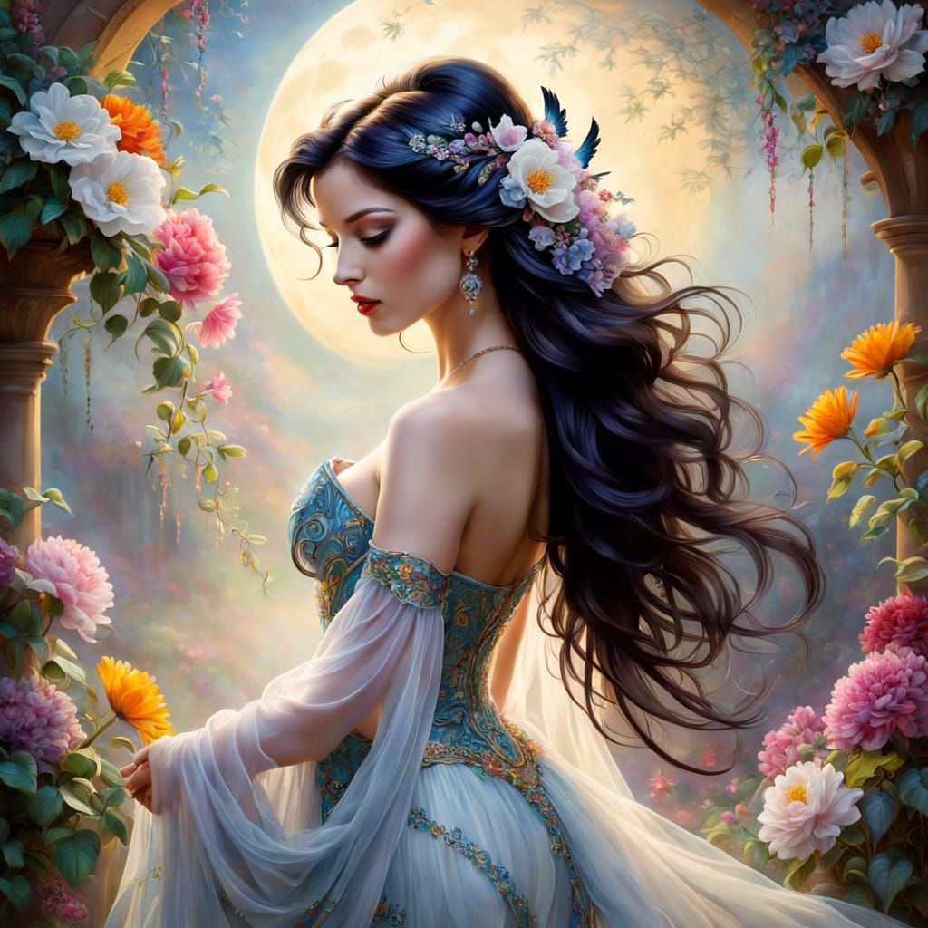 Enchanting Woman in Diaphanous Organza with Swirling Blooms ...