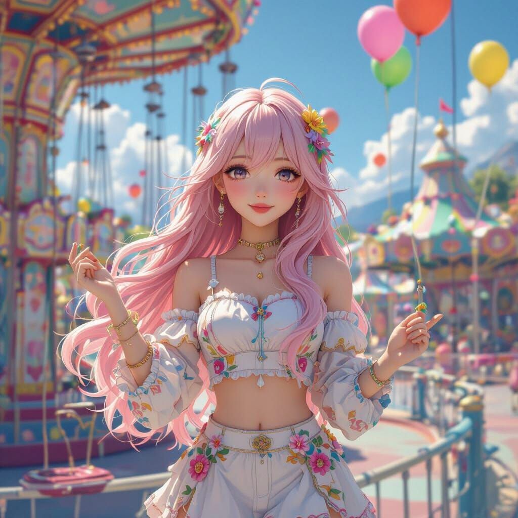 Modest Pink-Haired Woman in Vibrant Amusement Park