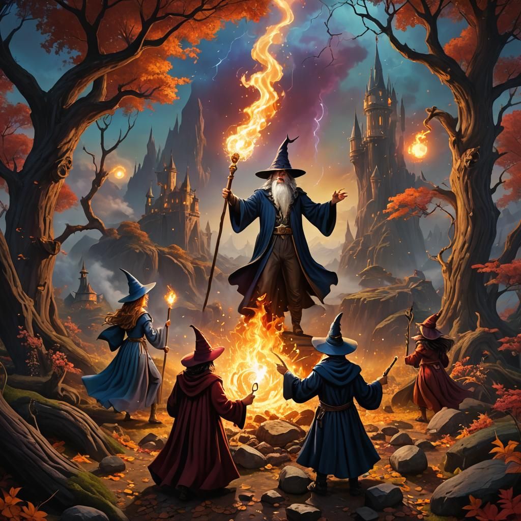 Wizard and Witch Energy Battle: Surreal Fantasy Art