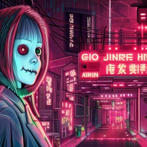 Cyberpunk Horror Girl in Junji Ito Style