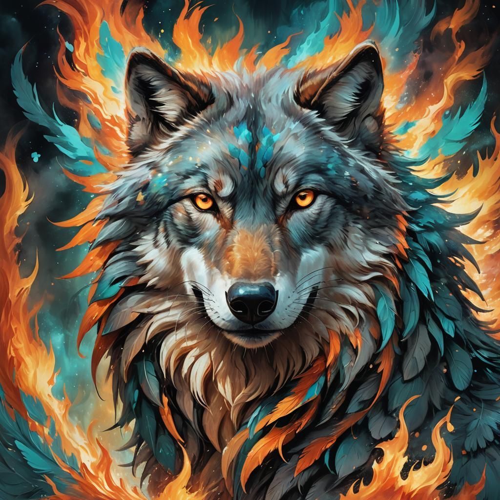 Wolf Phoenix Hybrid Portrait in Digital Fantasy Art