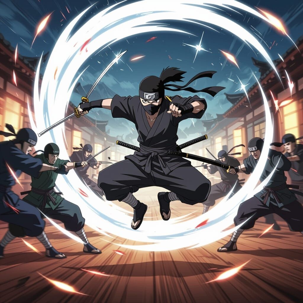 Dynamic Anime Ninja Deflects Stars in Mid-Air Battle
