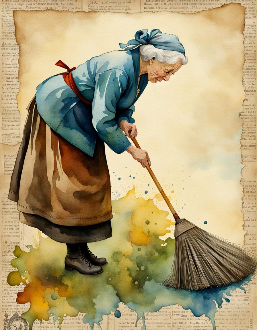 Whimsical Watercolor: Old Woman Mopping