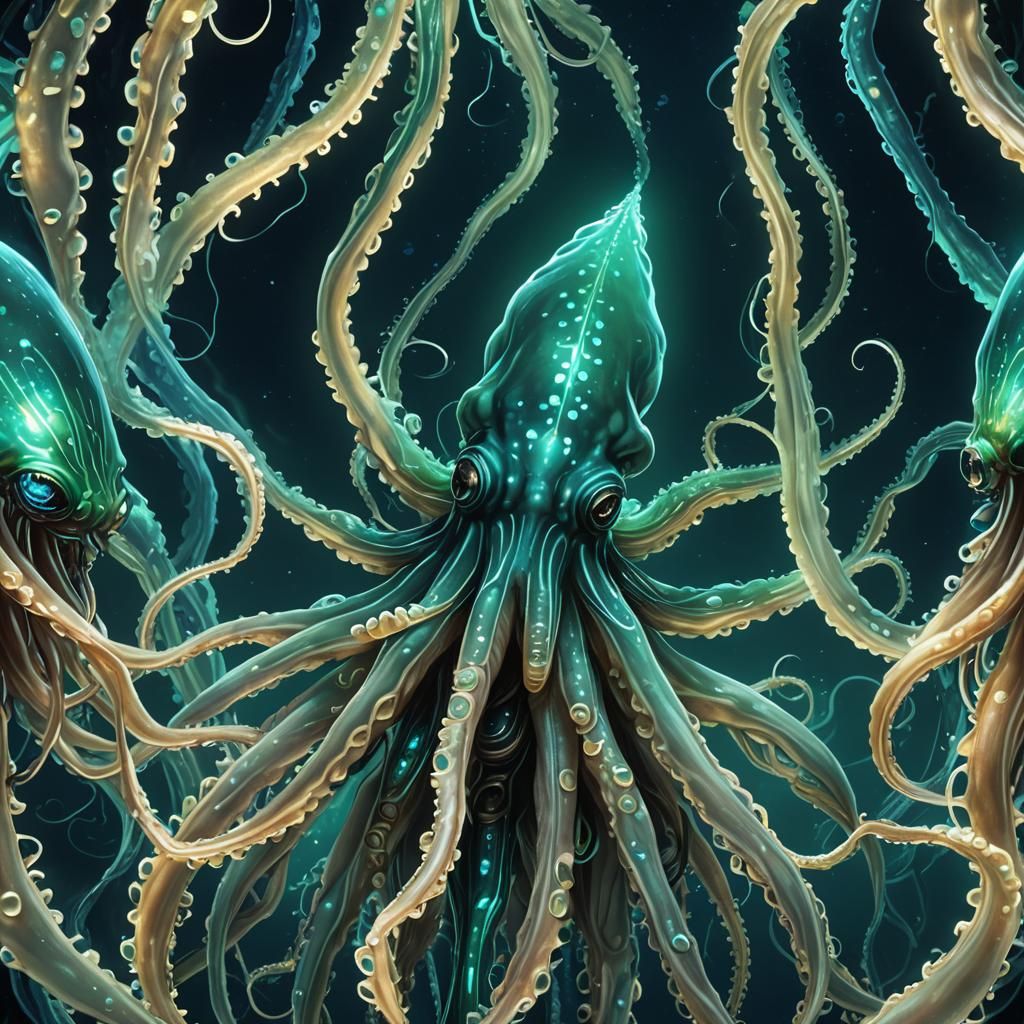 Bioluminescent Squid Concept Art in Deep Sea
