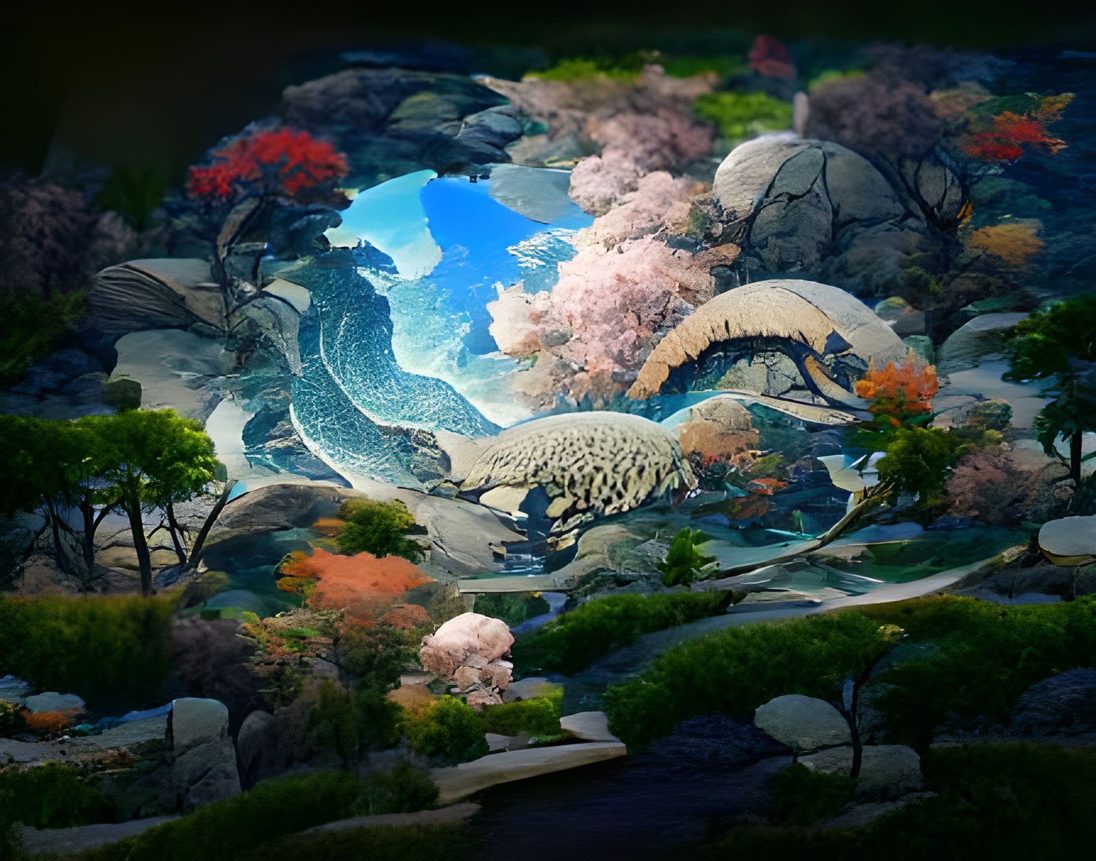 Japanese Garden in Ukiyo-e Style