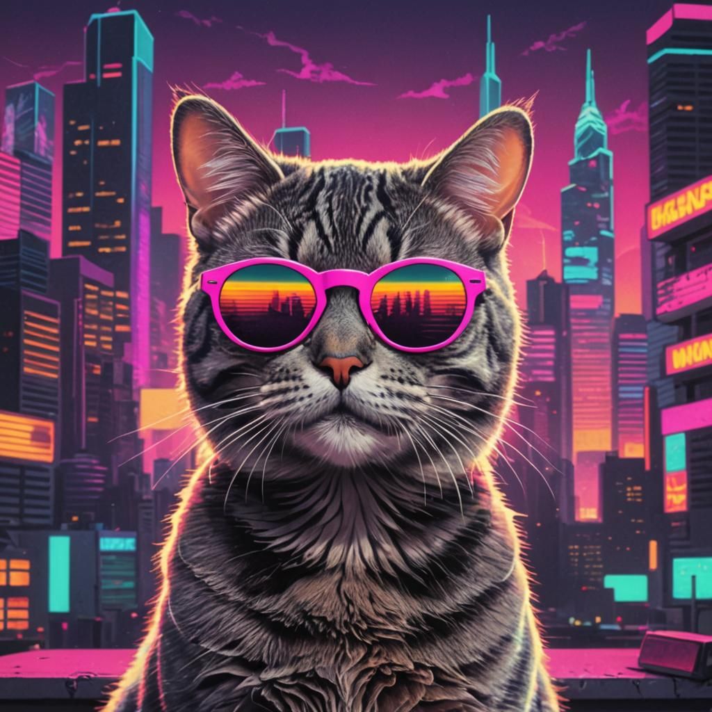 Tabby Cat in Synthwave Neon Cityscape