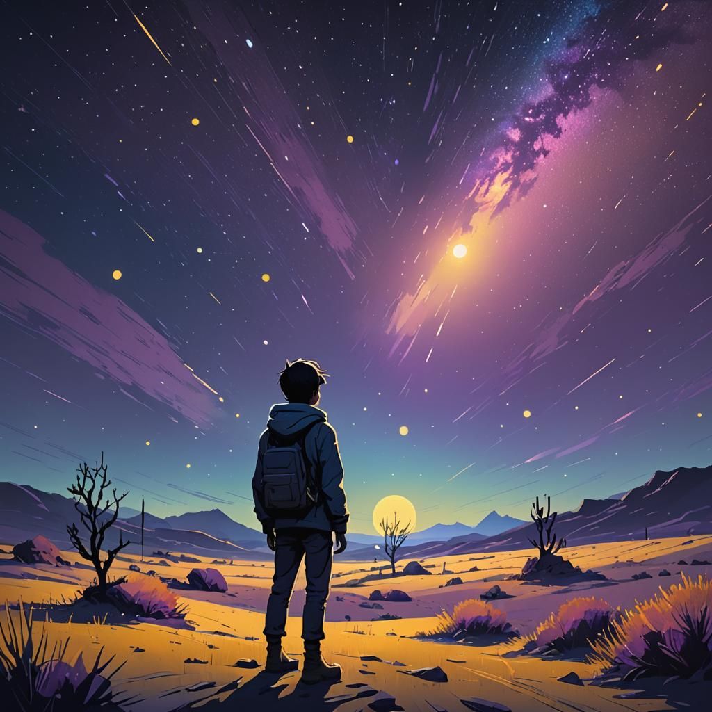 Melancholic Cartoon Character in Starry Night Landscape