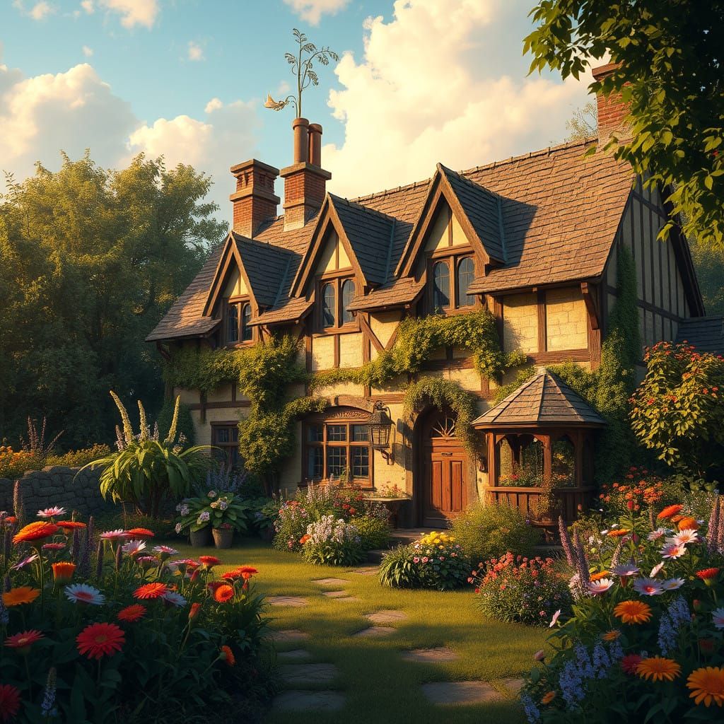 Whimsical Tudor Cottage in Lush Fantasy Landscape