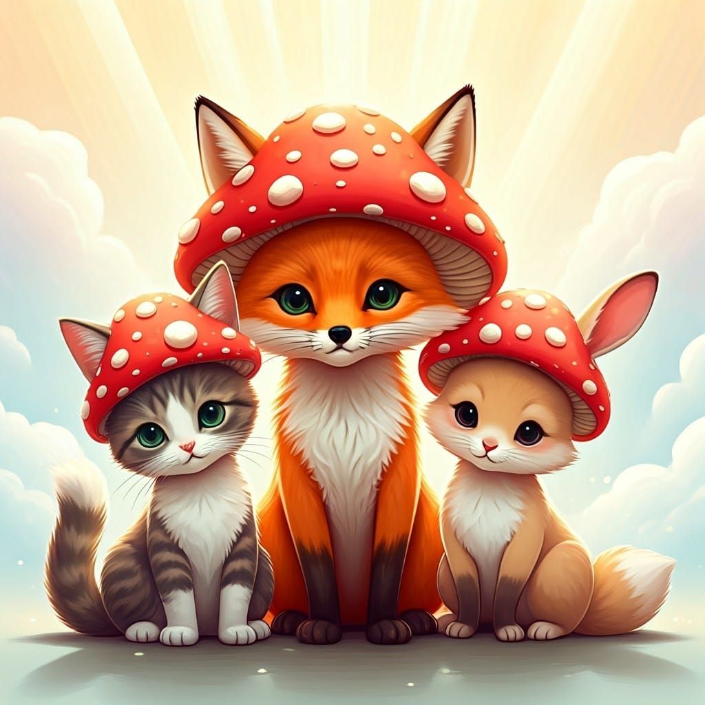 Kawaii Cat, Fox, and Bunny with Mushroom Hats