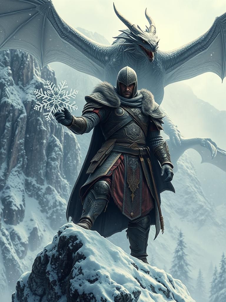 Warrior, Dragon, and Snowflake in Digital Painting Style