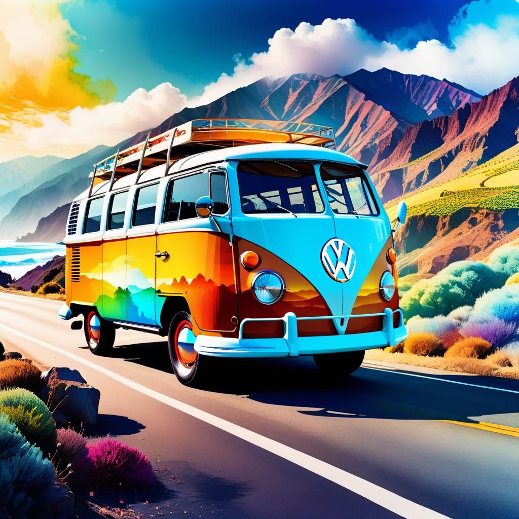 California Dreamin' VW Bus: Double Exposure Watercolor