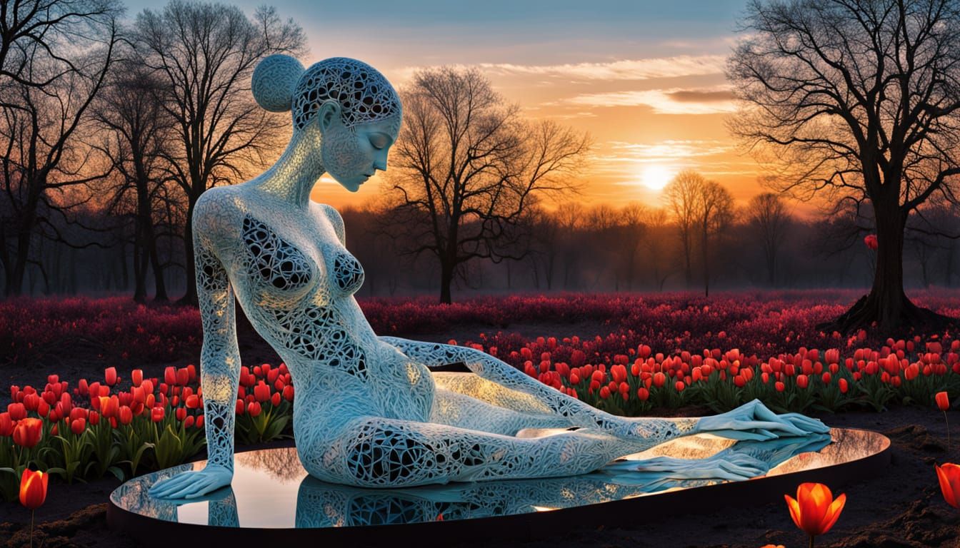 Surreal Fragmented Sculpture of Woman at Sunset