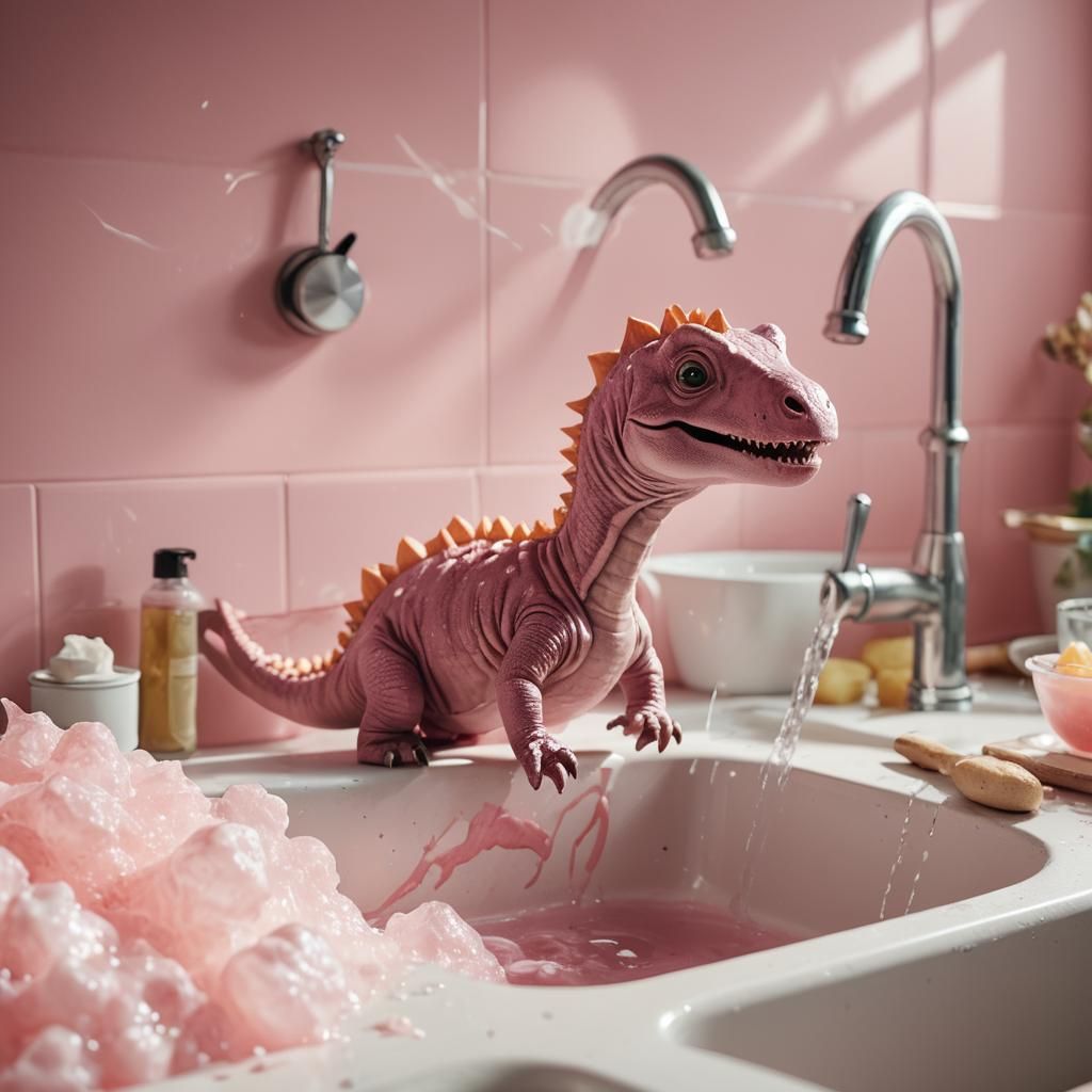 Cute Humanoid Dinosaur Swims in Pink Kitchen Sink