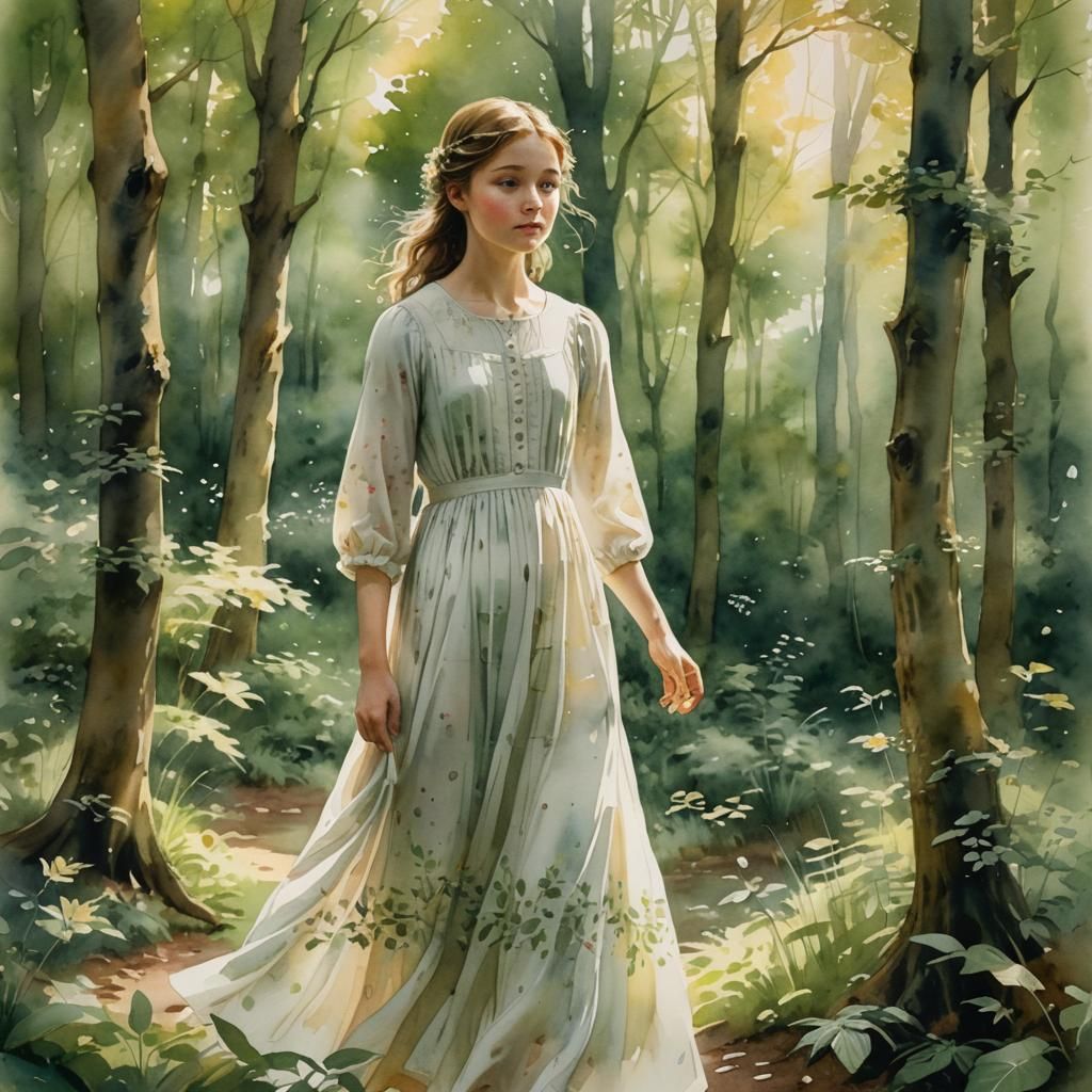 Watercolor Girl in Forest: Dreamy Children's Book Art