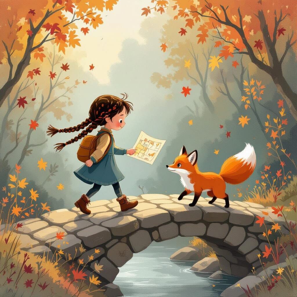 Girl and Fox on Autumn Bridge in Storybook Style