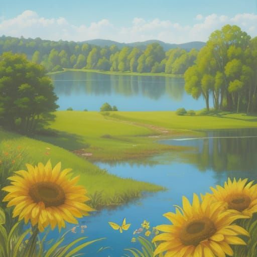 Idyllic Family Picnic by Serene Lake, Oil Painting Style