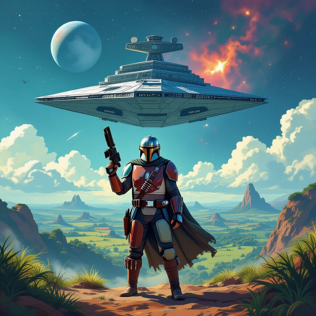Mandalorian Warrior Defends Lush Planet in Epic Space Battle