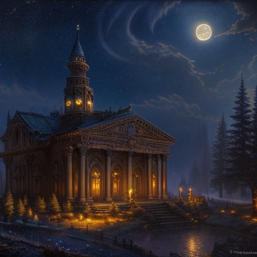 Steampunk Wolf Howling at Moonlit Roman Sky