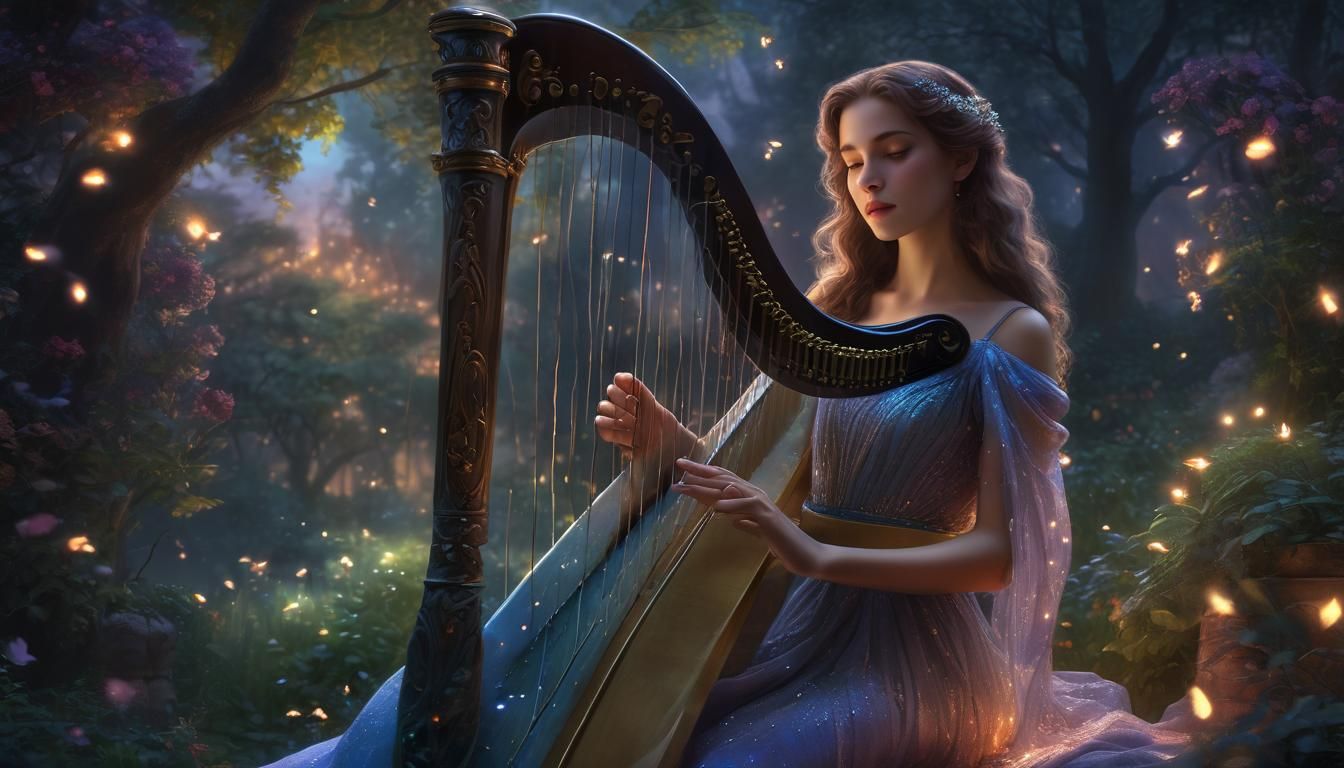 Ethereal Woman Plays Harp in Fantasy Landscape
