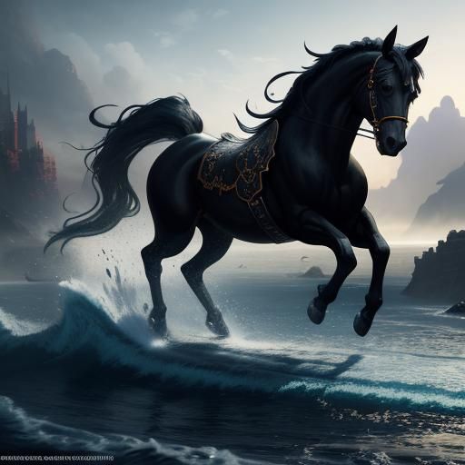 Hyperrealistic Black Stallion: Detailed Matte Painting