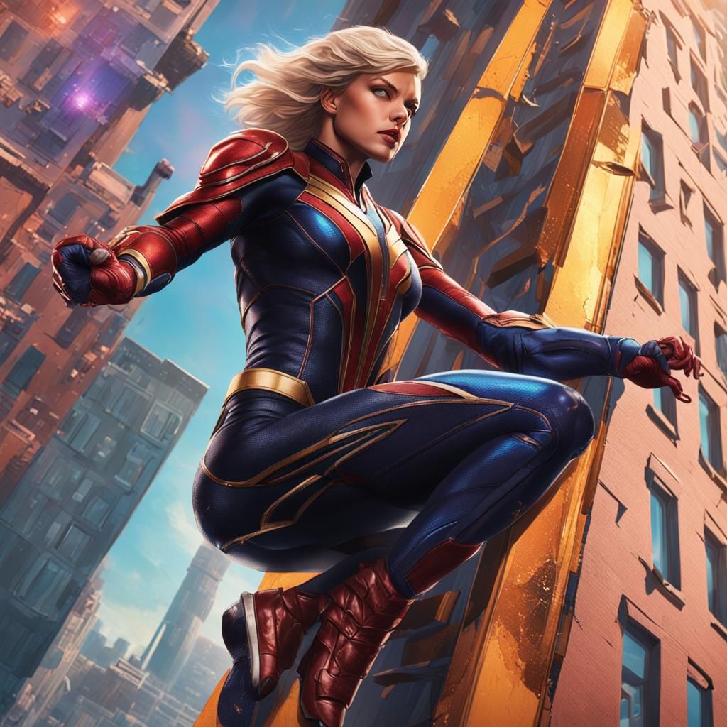 Pop Star as Cat Superhero Climbing Building