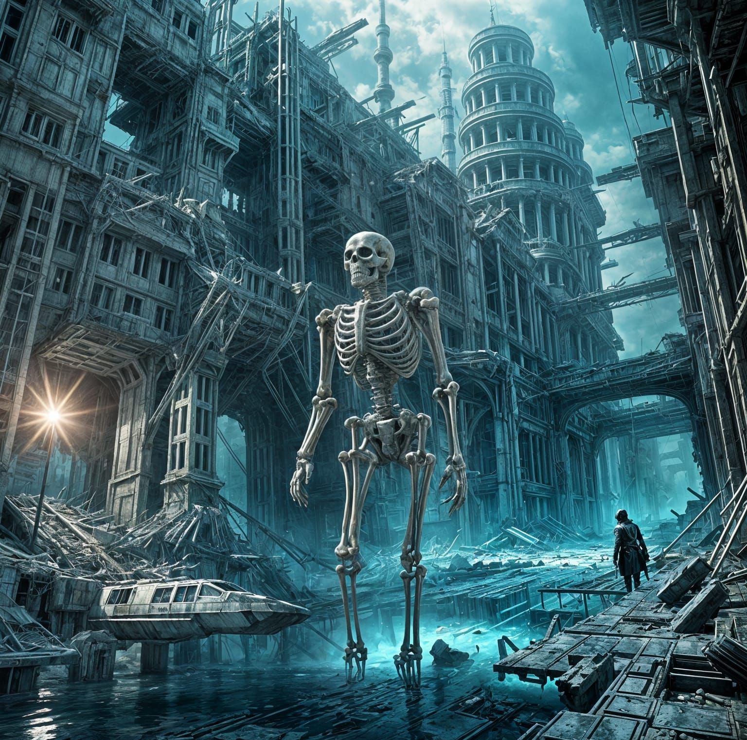 Underwater City: Skeleton in Post-Apocalyptic Ruins
