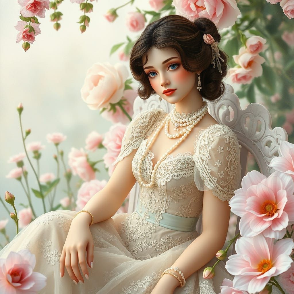 Porcelain Woman in Garden, Art Nouveau Style