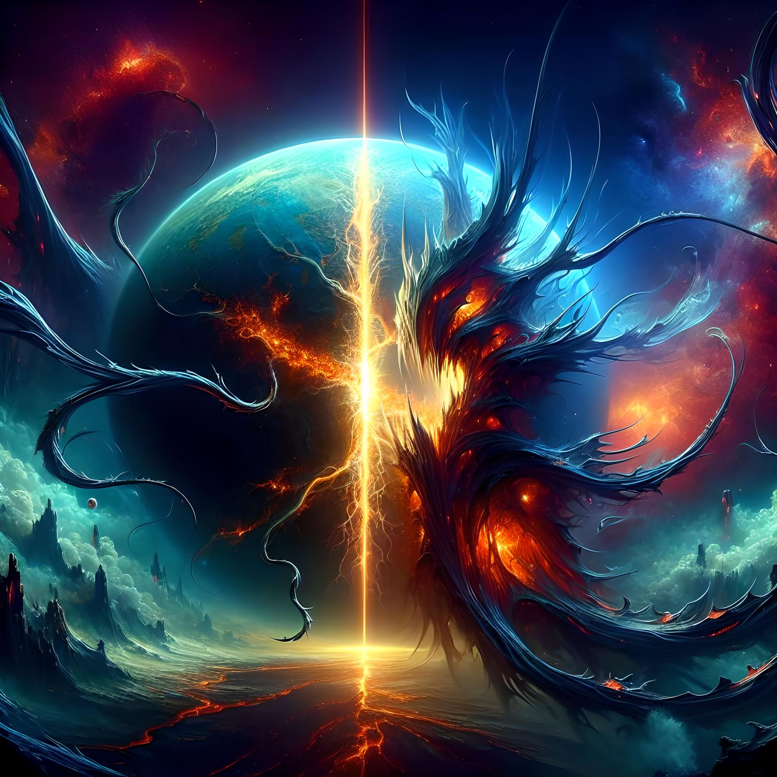 Planet-Splitting Alien Plant in Matte Painting Style