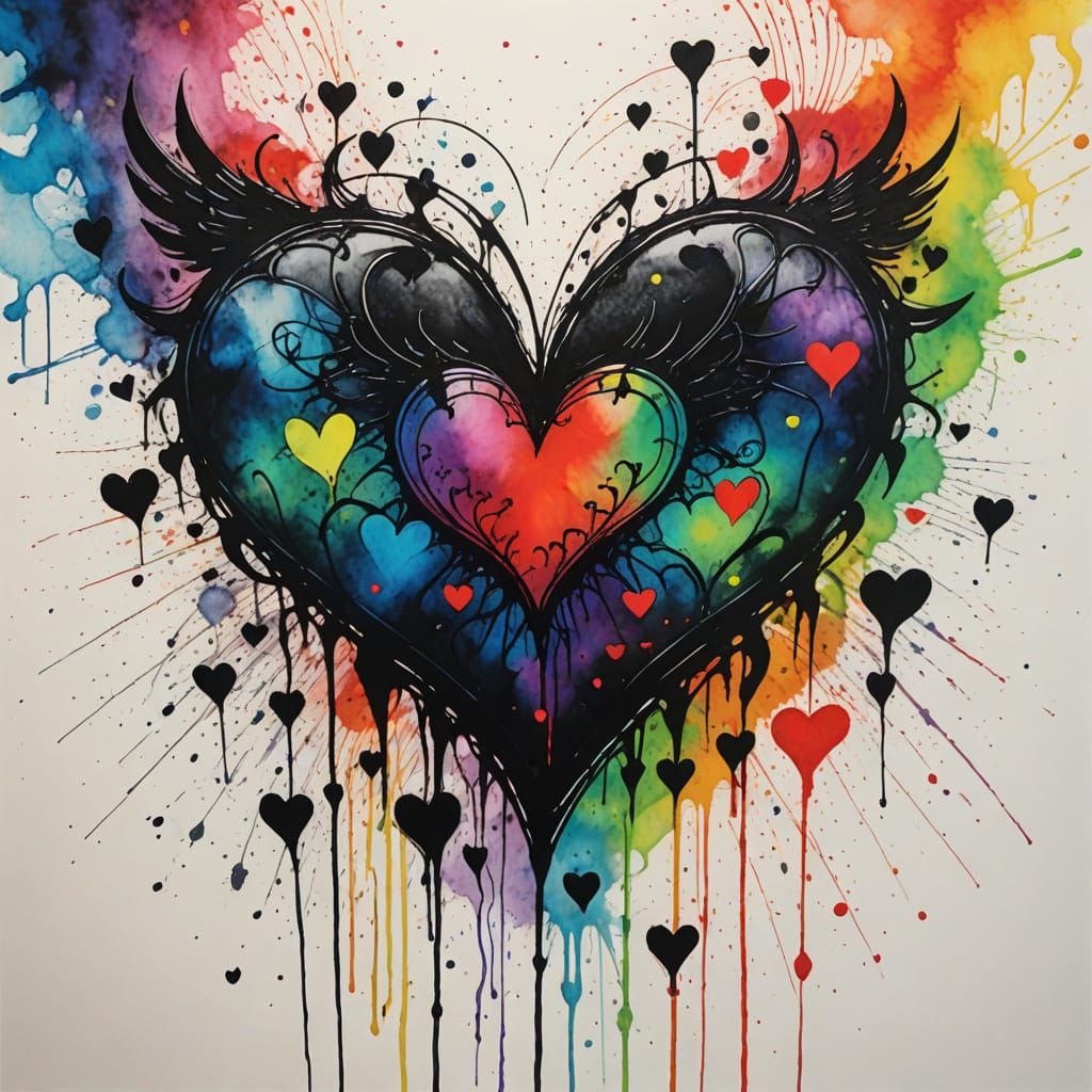 Surreal Goth Child's Drawing with Winged Heart